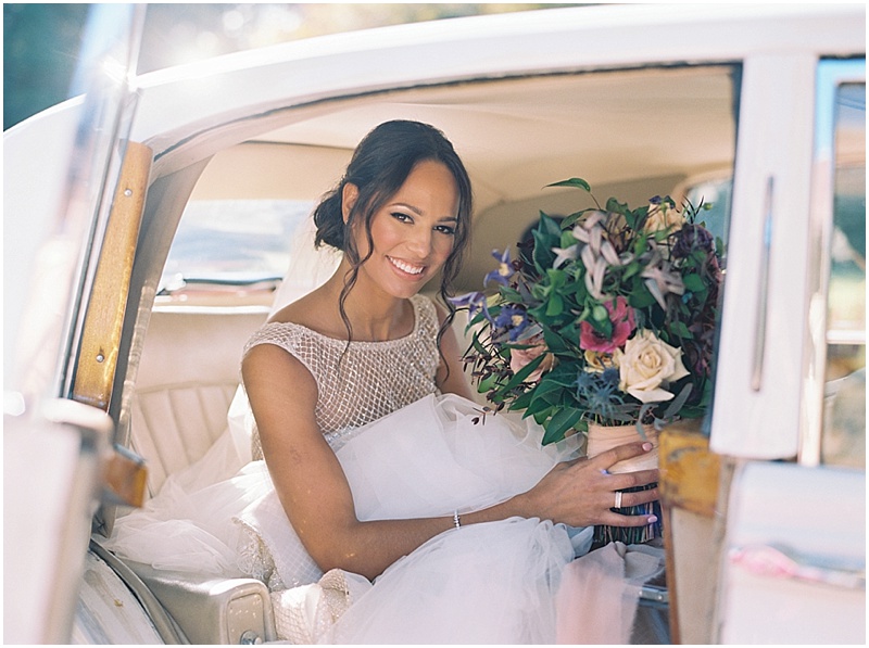 bride in classic car